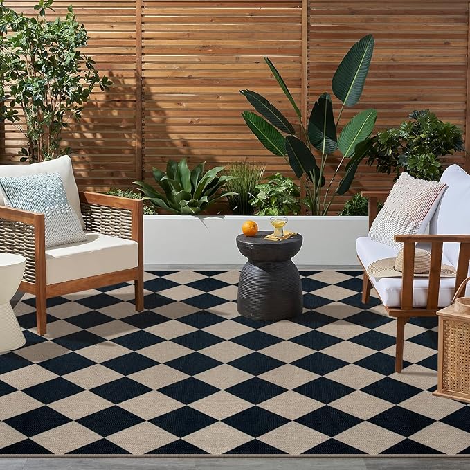 Easy Jute Black Checkered 5x7 Area Rug, Washable Modern Outdoor Rug for Patio Non-Slip Diamond Rugs for Living Room, Neutral Farmhouse Floor Carpet for Bedroom Dining Room Classroom