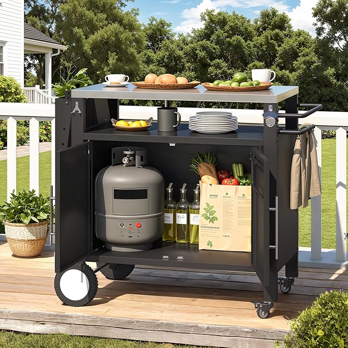 Outdoor Kitchen Storage Cabinet on Wheels, Grill Prep Table Kitchen Cabinets Island with Stainless Steel Top, Extension Plate, Outdoor Pizza Oven Stand Table for BBQ Patio Backyard