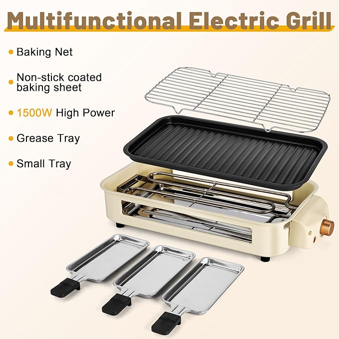 Pukomc Electric Indoor Grill,2 in 1 Indoor Grills for Kitchen with Grill Net & Non-Stick Cooking Removable Plate, Temperature Control, Dishwasher Safe, 1700W Smokeless barbecue