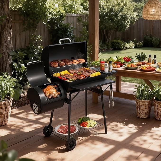 VINGLI Barrel Charcoal Grill with Offset Smoker, Built-in Lifting Carbon Mesh, Large Charcoal Barbecue Smoker Grill Combo for Outdoor Backyard Patio Camping Parties 52 × 20 × 44 inch