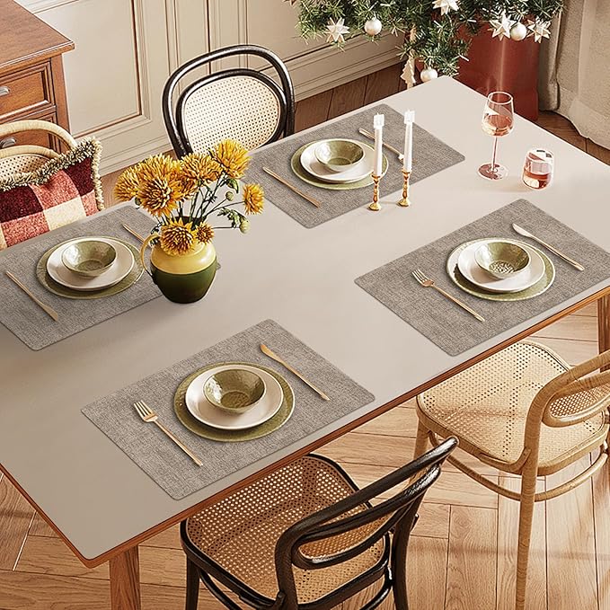 Faux Leather Heat Resistant Placemats Set of 8 – Waterproof Oilproof Wipeable Dining PU Vinyl Place Mat Easy Clean Table Mats for Kitchen/Dining/Party/Holiday, Khaki
