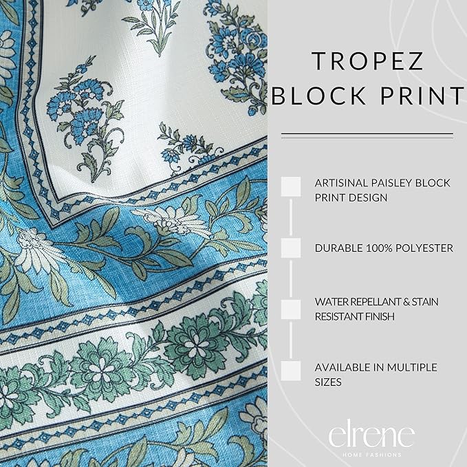 Elrene Home Fashions Tropez Paisley Block Print Coastal Stain & Water Resistant Indoor/Outdoor Fabric Rectangle Tablecloth, 60"x144"