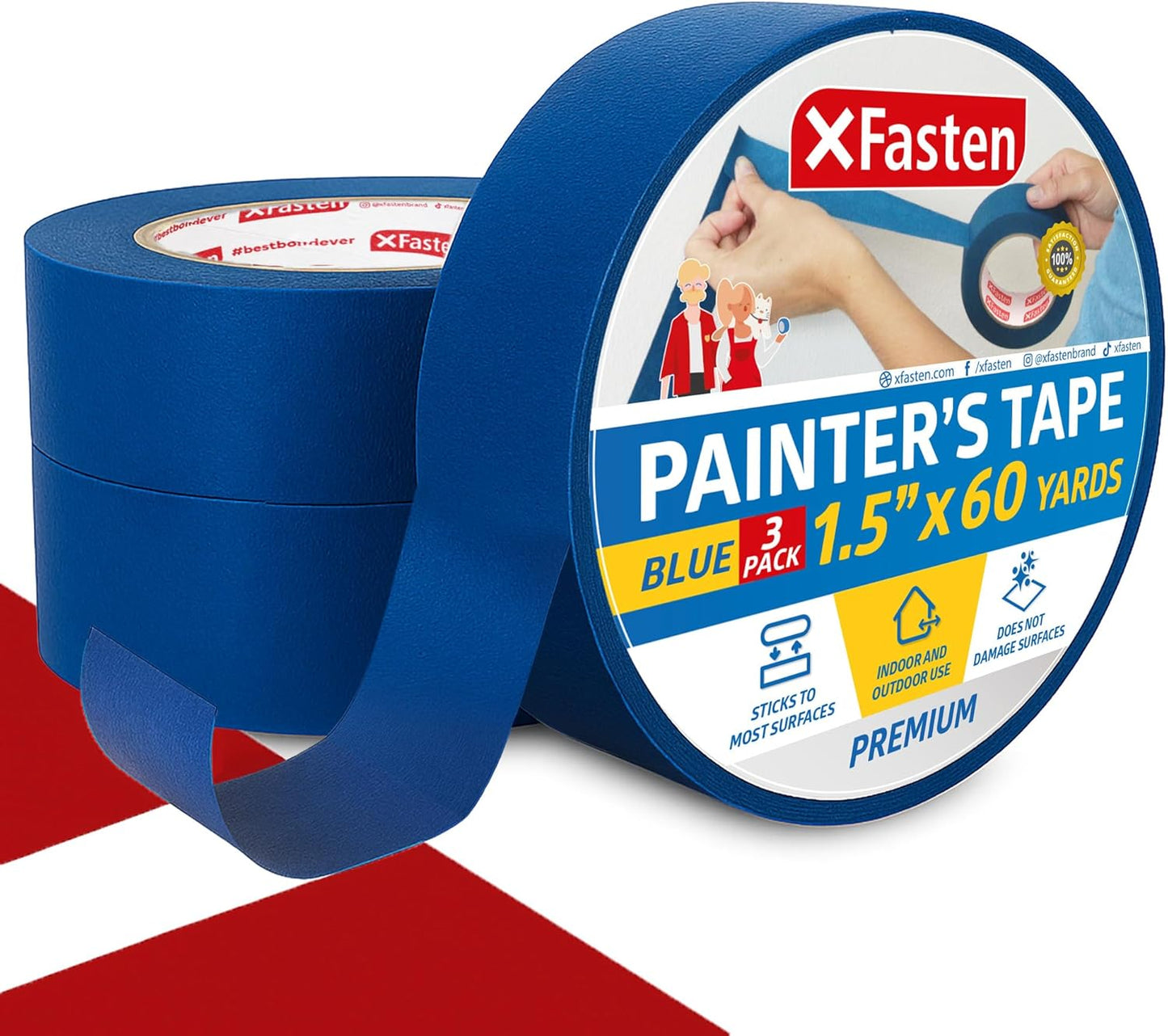 XFasten Professional Blue Painters Tape, Sharp Edge Line Technology, 1.5 Inches x 60Yards (3-Pack) - Produces Sharp Lines and Residue-Free Artisan Grade Clean Release Wall Trim Tape