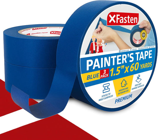 XFasten Professional Blue Painters Tape, Sharp Edge Line Technology, 1.5 Inches x 60Yards (3-Pack) - Produces Sharp Lines and Residue-Free Artisan Grade Clean Release Wall Trim Tape