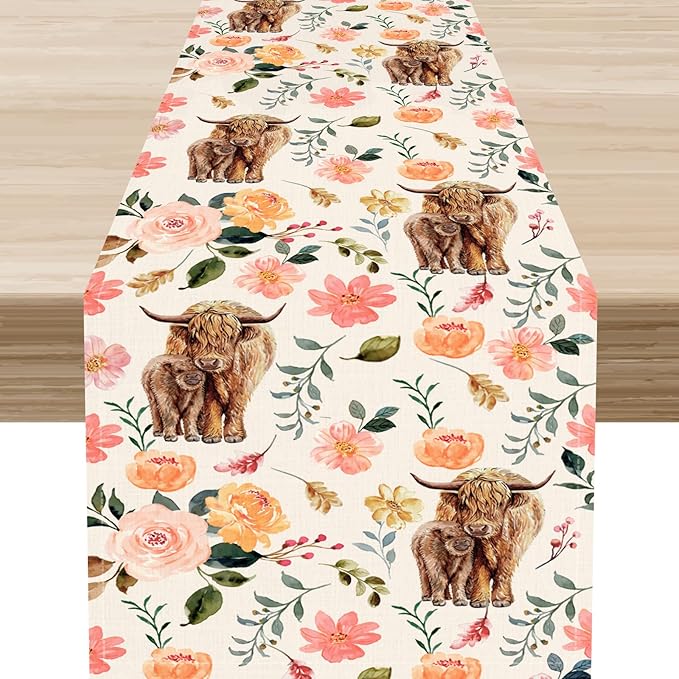 Cow Table Runner, Rustic Farmhouse Pink Floral Flower Spring Summer Yak Leaves Seasonal Coffee Table Center Decor for Home Kitchen Dining Patio Holiday Party Indoor Outdoor Table Decorations, 13"x36"