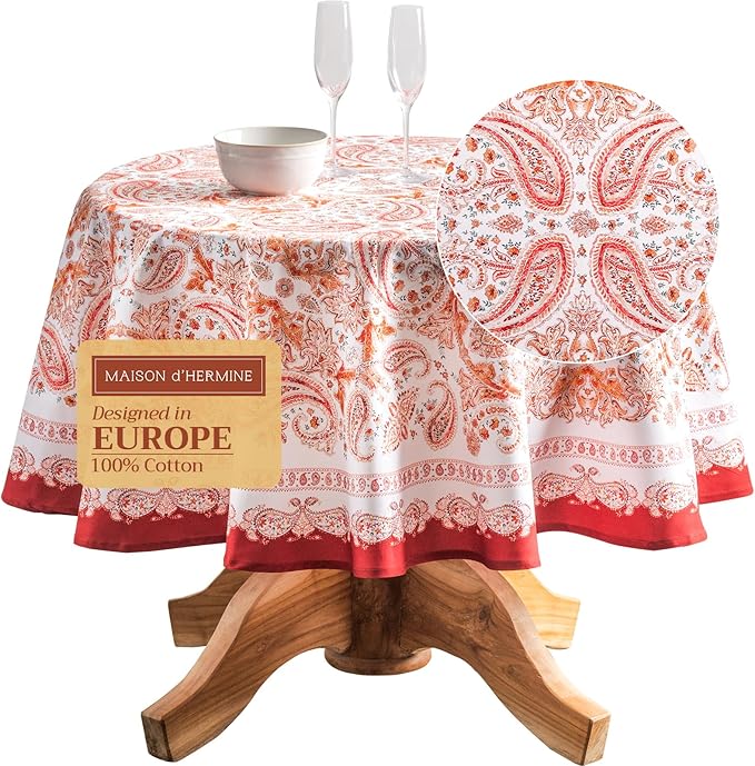Maison d' Hermine Table Cloth Round Table 100% Cotton 63 Inches Fall Tablecloth Reusable Everyday Use for Thanksgiving Christmas Decorations Dining Farmhouse Party (Orient)