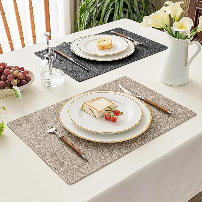 Romanstile Reversible Vinyl Placemats Set of 4, Faux Leather 100% Waterproof Oil-Proof Wipeable Place Mats, Heat Resistant Dual Sided Table Mats for Kitchen/Dining/Party (Grey Khaki, 12 x 17 Inch)