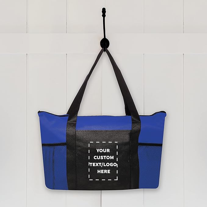 DISCOUNT PROMOS 10 Zippered Non-Woven Tote Bags Set - Customizable Text, Logo - Mesh Pocket, Zippered, Recyclable, Reusable - Blue - 19"X14"X3", with Zipper