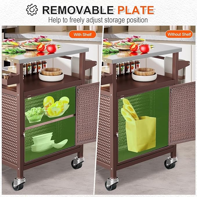 Outdoor Pizza Oven Table,Outdoor Table with Waterproof Cover, Movable Pizza Oven Stand Tables (Brown)