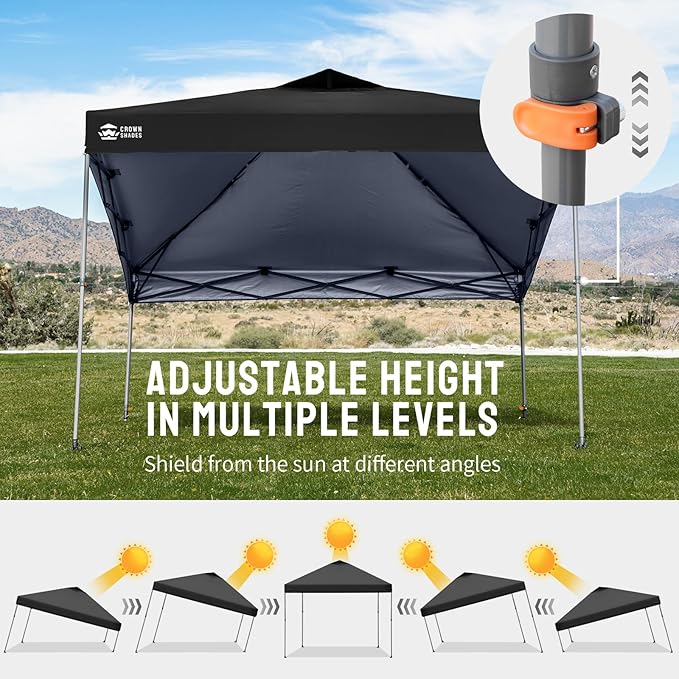CROWN SHADES Adjustable Height on The Fly, 10x10 Pop Up Canopy - Beach Tent with One Push Setup - Easy Outdoor Sun Shade for Events, Parties, Camping - Outside Shade with STO-N-Go Bag, Black