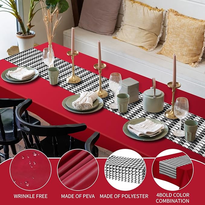 WANGDEFA 1 Pack Plastic Red Tablecloth Houndstooth Table Runner Houndstooth Party Decor 108 * 54inches for Dining Table Outdoor Party Decorative Tablecloth（PVEA and Polyester Material