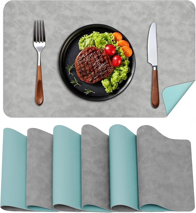 BLESWIN Faux Leather Placemats, PU Dining Table, Waterproof and Oil Resistant Easy to Clean, Heat Resistant Reversible Use Table Mats for Kitchen, Dining Table, Outdoor – 12 × 17 Inch, Light Grey&Blue