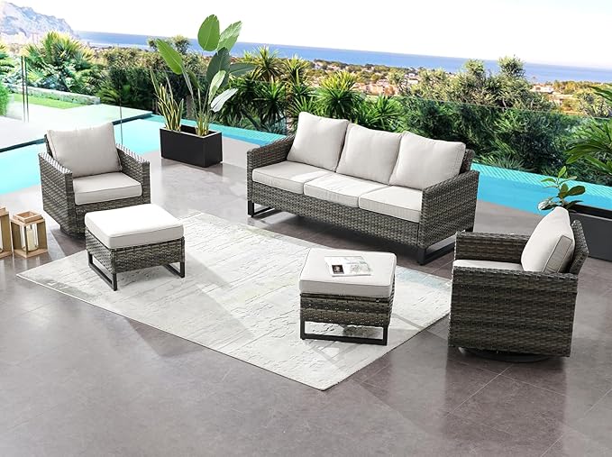 HUMMUH Outdoor Ottomans for Patio Set of 2 PE Wicker Outdoor Footstool with Removable Weather-Resistant Cushions for Patio, Backyard