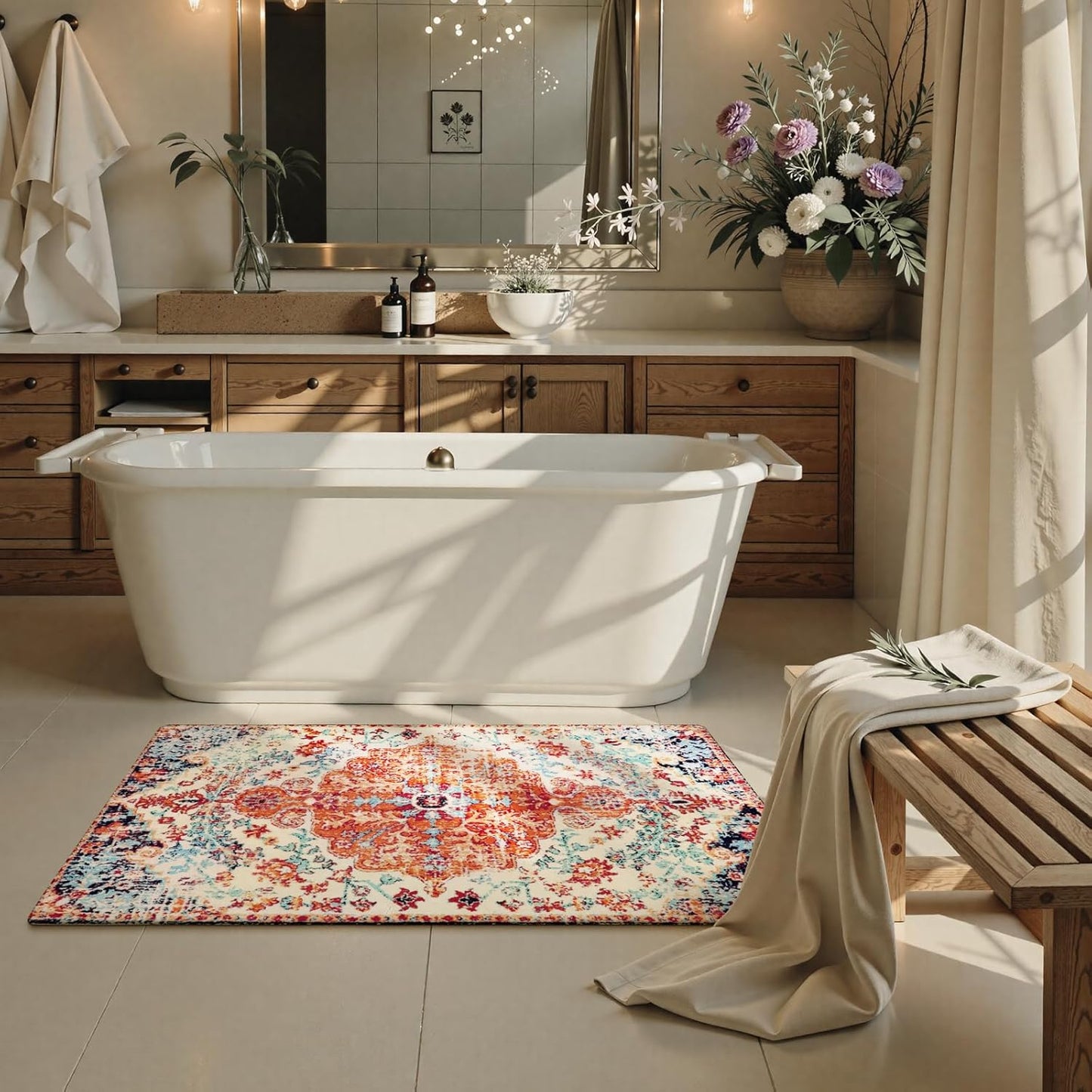 Lahome Bohemian Floral Medallion Runner Rug - 2x4 Washable Laundry Room Hallyway Runner Rug Doormat,Oriental Distressed Faux Wool Non-Slip Bath Mat Low-Pile Carpet for Kitchen Bathroom Entryway,Orange