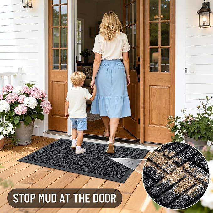 OLANLY Front Door Mat Outside Entrance 29.5x17, Absorbent, Heavy Duty Sturdy Natural Rubber Doormat Indoor Outdoor, Stain and Fade Resistant, Non-Slip Backing Low Profile Floor Mat for Entryway, Black