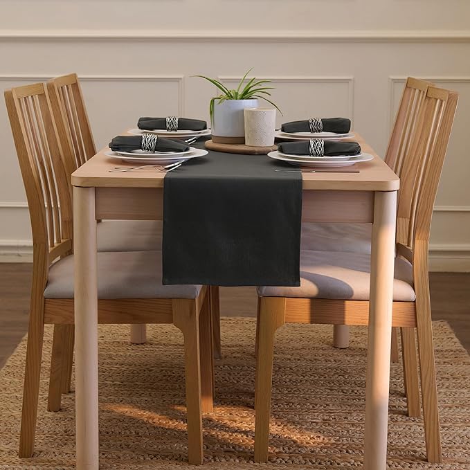 Encasa XO Table Runner 13"x72" Long | Cotton Canvas Fabric | Charcoal Grey Solid Color | Machine Washable & Durable