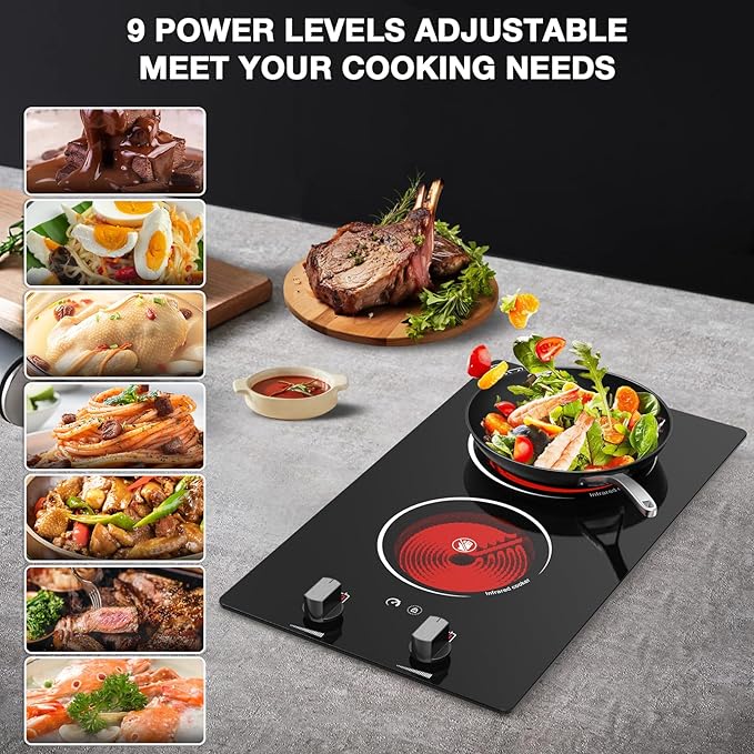 2 Burner Electric Cooktop, 2100W Electric Stove Top Hot Plate, 12 inch Countertop Burner & Built-In Stove Top, 9 Levels of Power, Knob Control, Timer & Kid Safety Lock, Residual Heat Warning
