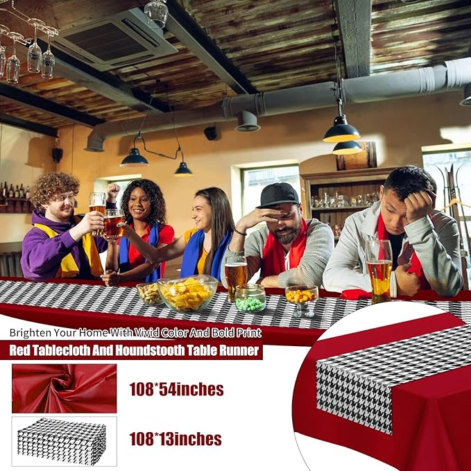WANGDEFA 1 Pack Plastic Red Tablecloth Houndstooth Table Runner Houndstooth Party Decor 108 * 54inches for Dining Table Outdoor Party Decorative Tablecloth（PVEA and Polyester Material
