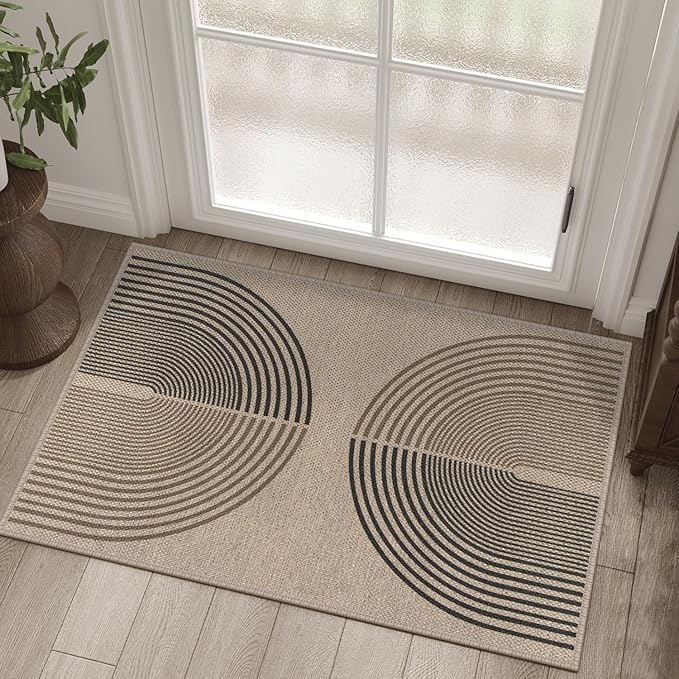 Easy Jute Rainbow Entryway Rug, 2x3 Washable Non-Slip Indoor Outdoor Doormat, Neutral Boho Farmhouse Small Kitchen Rug Modern Abstract Throw Rugs for Entrance Bedroom Bathroom