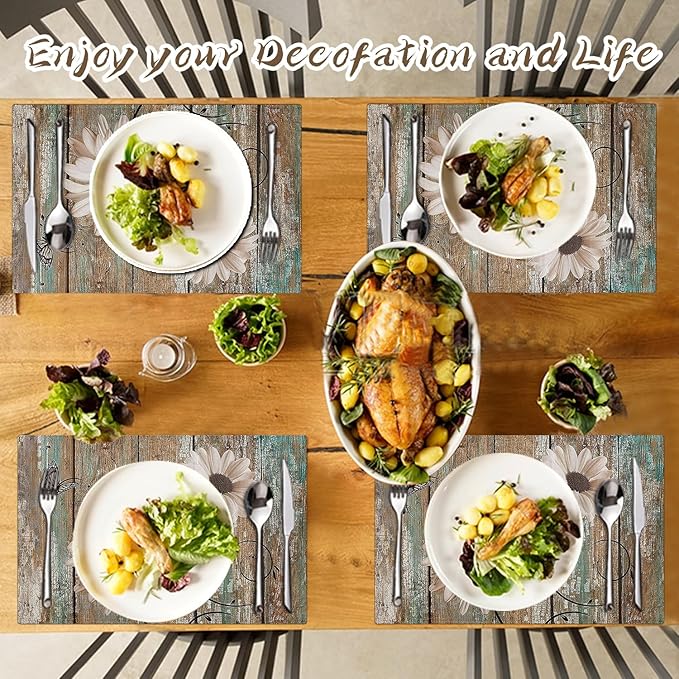 White Sunflower Placemats set of 4 - Floral Faux Leather Heat Resistant Placemats for Dinner Table, Non-Slip Waterproof Oil-Proof Washable Reusable Placemat for Indoor Outdoor Kitchen, 15.75In*11.81In