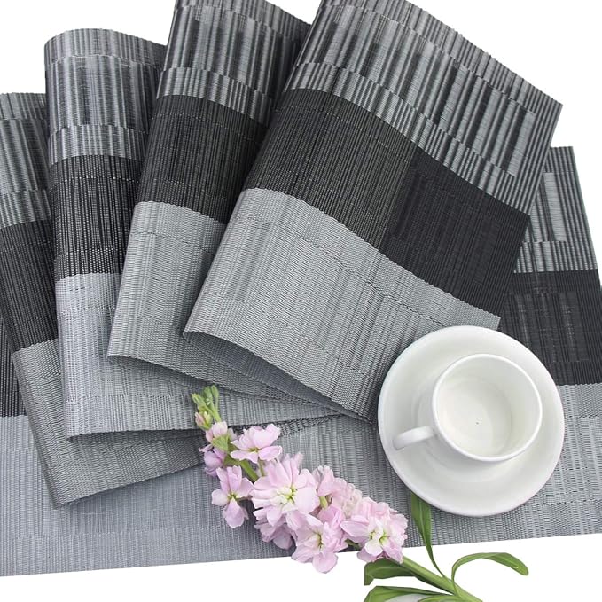 PIGCHCY Placemats Set of 8 Washable Durable Placemat Vinyl Heat Resistant Non-Slip Table Mats Indoor Outdoor (Black)