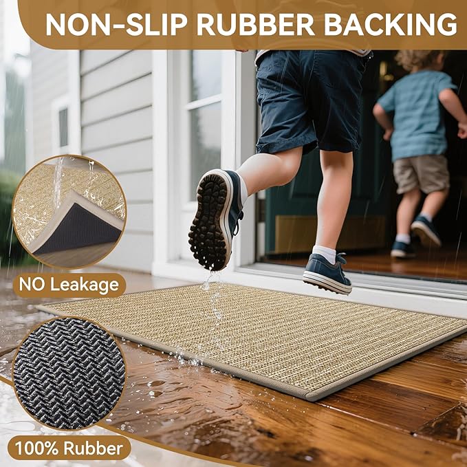 Front Door Mat 17"x30", Heavy Duty Waterproof Dirt Trapping Non-Slip Doormats, Low Profile Entrance Mats for Front Indoor/Outdoor, Brown
