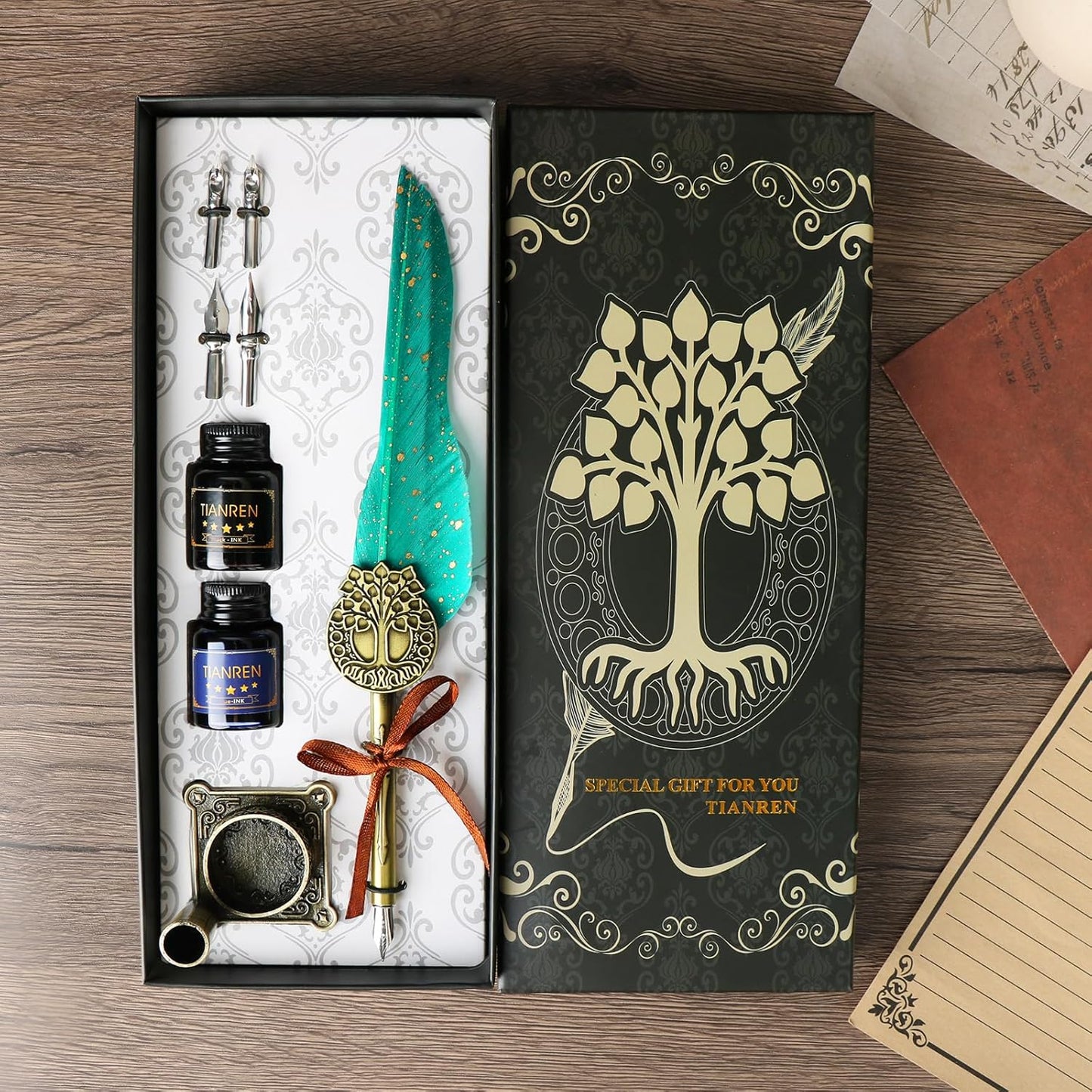 Feather Pen and Ink Set,quill pen ink set,Antique Calligraphy Pen with 4 Replaceable Nibs,2 Bottle of ink,Pen Holder Christmas Gift for Men&Women.(Green)
