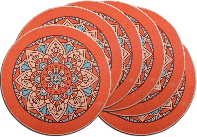 PIGCHCY Rubber Boho Placemats Set of 6, 15" Round Heat Resistant Placemat, Waterproof Washable Table Mats for Dining Table Decoration (Orange)