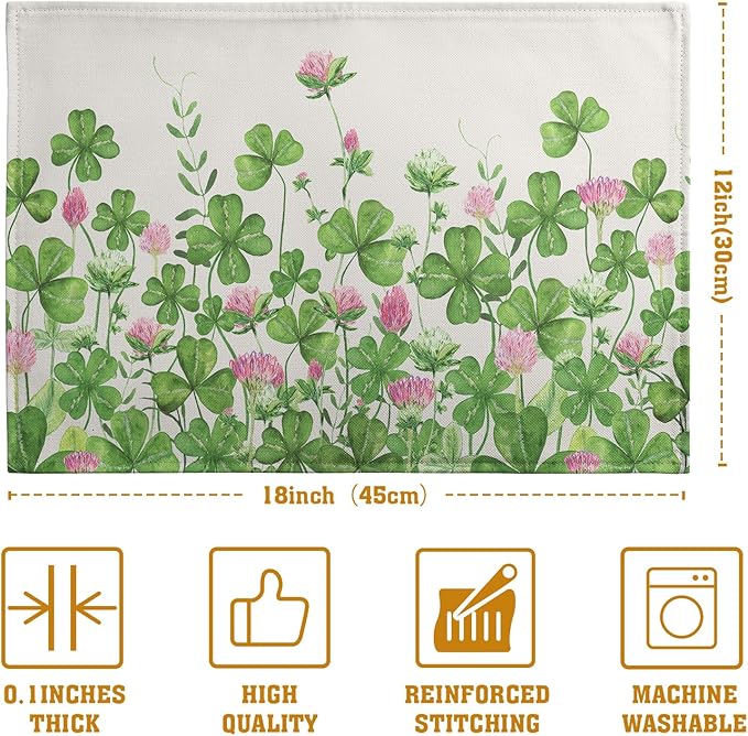 Shamrocks St. Patrick's Day Placemats Set of 4 Watercolor Lucky Clovers St Patrick's Day Table Mats Seasonal Spring Green Leaves Linen Place Mats for Party Kitchen Dining Outdoor Indoor Decor