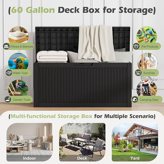 60 Gallon Outdoor Storage Deck Box Waterproof,Large Resin Storage Container for Outside,Patio Accessories for Outsid,Backyard Delivery Boxes,Lockable Lid,Rattan Gray