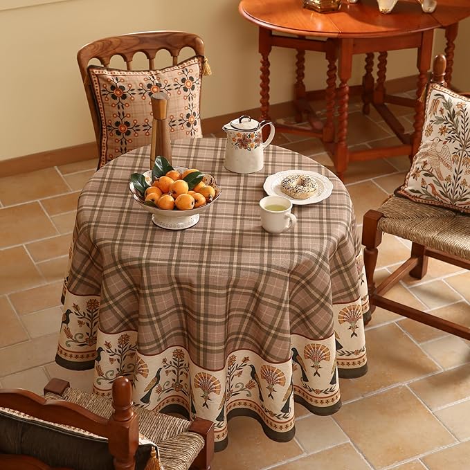 Vintage Brown Checkered Small Round Tablecloth,Italian Style Wrinkle Resistant Linen Tablecloths,Decor Table Cover for Kitchen,Dining,Thanksgiving,Christmas,Diameter 55"-Seville