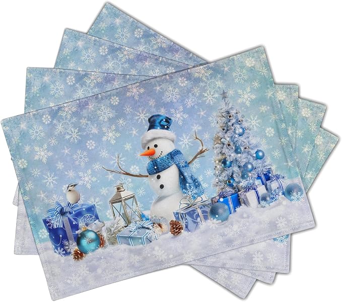 Giwawa Blue Snowman Placemats Set of 4 Christmas Trees Balls Winter Snowflakes Linen Place Mat Xmas Snow Scenery Non Slip Heat Resistant Table Mats 12"x18" for Kitchen Dining Holiday New Year Decor
