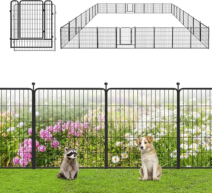 Garden Fence with Gate Metal Fencing Outdoor for Yard, 32in x73ft 32 Panels Outdoor Dog Fence Temporary Fence for Dogs Outside, Rustproof Garden Fencing Flower Bed Edging for Patio