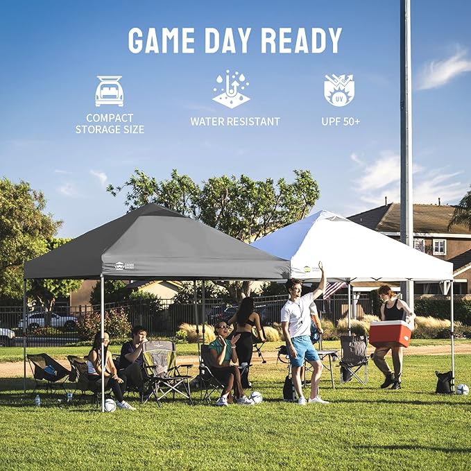 CROWN SHADES 8x8 Pop Up Canopy - Beach Tent with One Push Setup - Easy Outdoor Sun Shade for Events, Parties, Camping - Gazebo with STO-N-Go Cover Bag, Silver Coated Top,Grid Grey