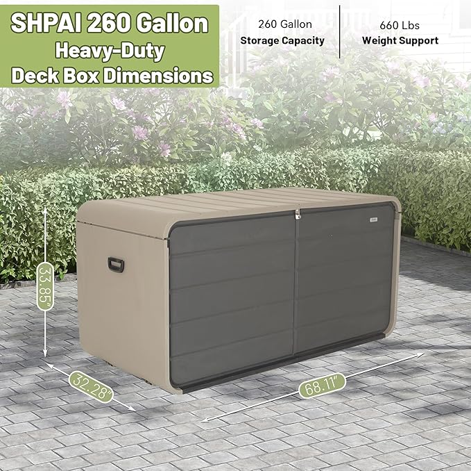 260 Gallon Outdoor Storage Box, Deck Boxes Outdoor Waterproof, Patio Storage Box, Outdoor Storage Box Waterproof, Resin, Heavy-Duty & Lockable for Backyard, Garden, Pool