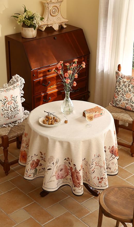 French Linen Round Tablecloth,Vintage Pink Table Floral Pattern Wrinkle Free Tablecloths,Decor Table Cover for Kitchen,Dining,Party,Thanksgiving,Christmas,Diameter 67"-Sloosa