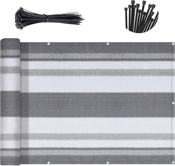 SUNNY GUARD 3'x16' Balcony Deck Privacy Screen Fence, Apartments Railing Screen Heavy Duty Wind Screen for Outdoor,Backyard,Patio Privacy(Silver Gray White Stripes