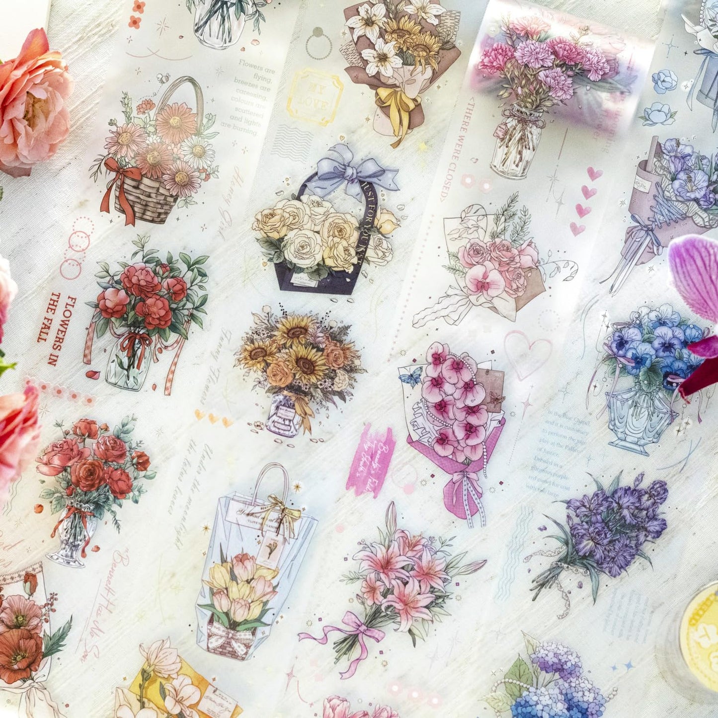 Floral Dream PET Tape Set, 4 Rolls of Flower Ephemera for Junk Journaling, Scrapbooking, Crafting, DIY Projects, Diaries, and Art Supplies