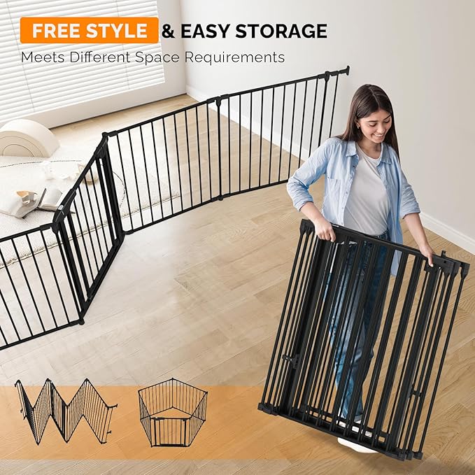 Bonnlo 188'' Wide Baby Gate Playpen 8 Panel Adjustable Play Yard Metal Dog Gate with Door Fireplace Christmas Tree Fence for Pet/Child/Toddler