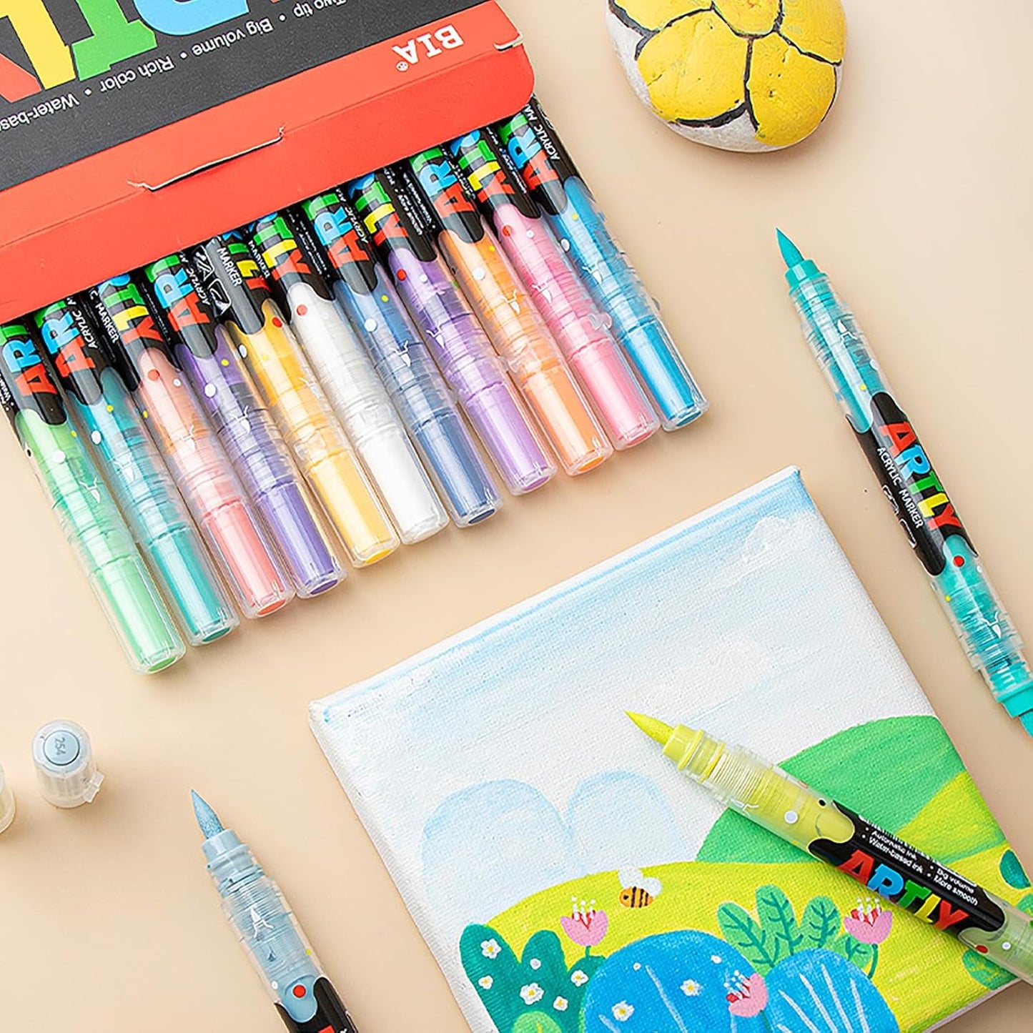 48 Colors Paint Markers, Dual-Color Acrylic Pens with Brush Tips, Double Tipped for Rocks & Art Supplies (24Pcs/48Colors)