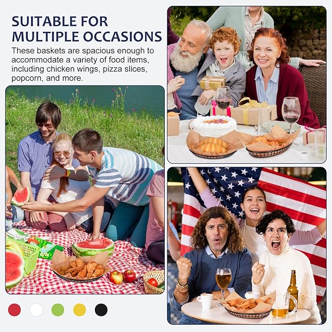 20 Pack Plastic Fast Food Baskets, 8.8" × 5.5" Small Oval Restaurant Serving Baskets Tray for Burgers, Sandwiches,Hot Dogs,Tacos,Parties, Food Trucks, Reusable or Disposable,Stackable(Black)