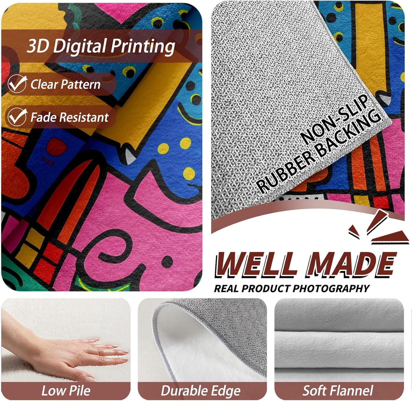 Colorful Living Room Rug - Abstract Rug, 7x9 Area Rugs, Pop Art Graffiti Multicolor Washable Foldable Large Carpet Home Decor