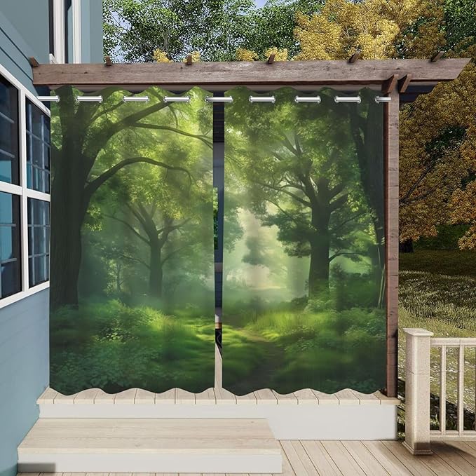 Forest Theme Outdoor Curtains for Patio Waterproof,Dawn Trees Jungle Pattern,Privacy Weatherproof Grommet Outside Curtains for Porch, Pergola, Cabana,Set of 2 Panels,42 x 84 inch,Green