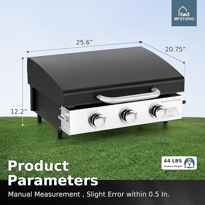MFSTUDIO 22 Inch Flat Top Grill with Ceramic Coated Cast Iron Pan, 3 Burners Portable Tabletop Propane Gas Griddle Grill for Camping, Outdoor & Tailgating Barbecue, 24,000 BTU
