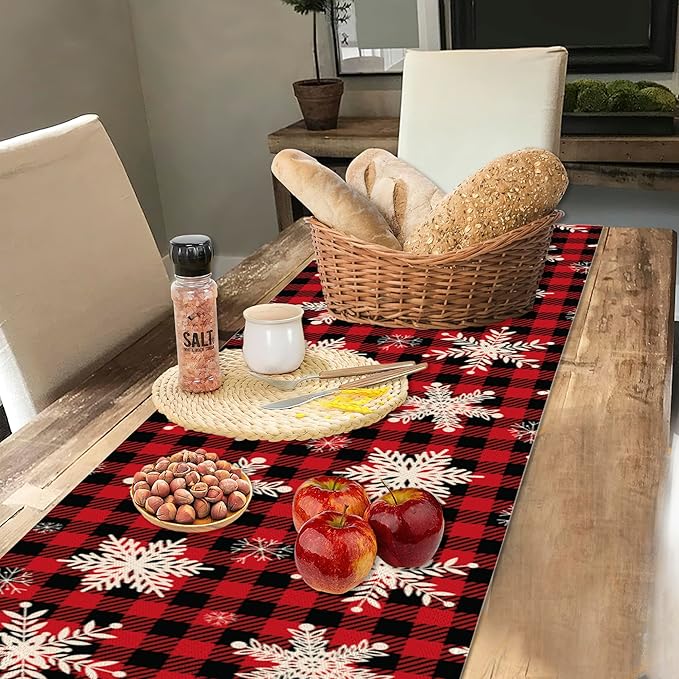 Christmas Red Plaid Snowflake Table Runners 70 inches Long Table Runner Elegant Linen Dresser Scarfs Farmhouse Tablerunner for Wedding/Coffee/Dining Table/Party Home Decor