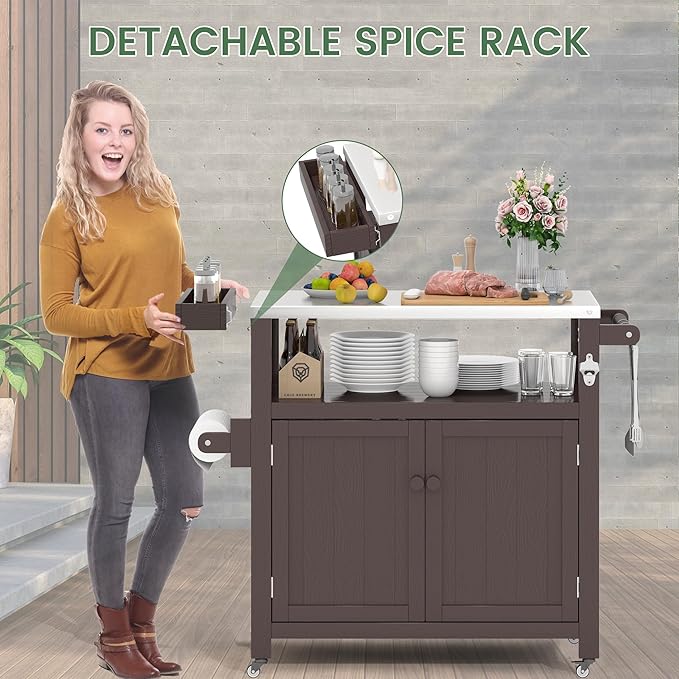 Weatherproof HIPS Outdoor Kitchen Island with Stainless Steel Top & Storage Cabinet, Movable Prep Table with Wheels for BBQ Food Prep, Outdoor Grill Cart for Parties, Brown