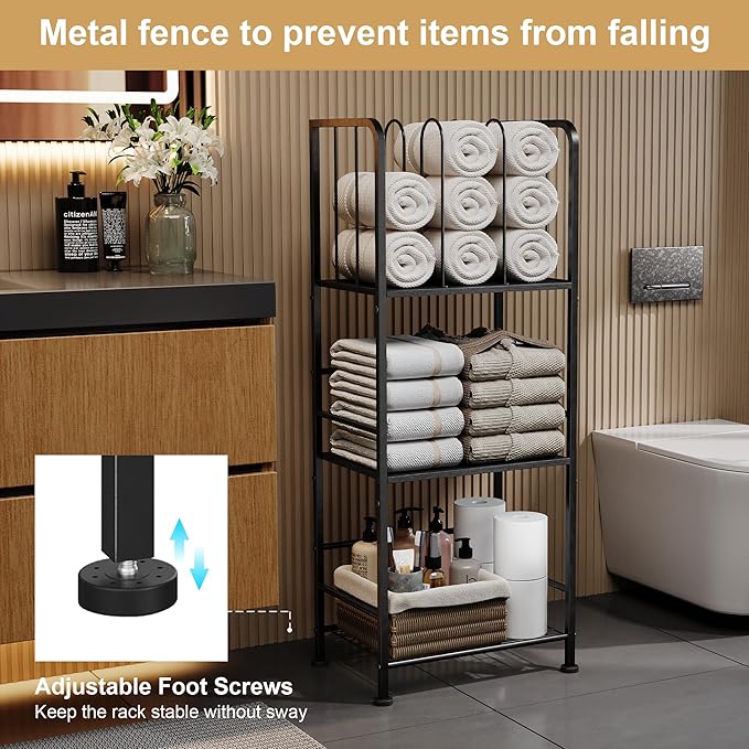 Towel Rack Free Standing 3-Tier M-Shaped Detachable Dividers, Durable Metal Holder, Pool Towel Rack, Space-Saving Towel Storage Organizer, Modern Bath Towel Shelf for Home, Poolside, Black