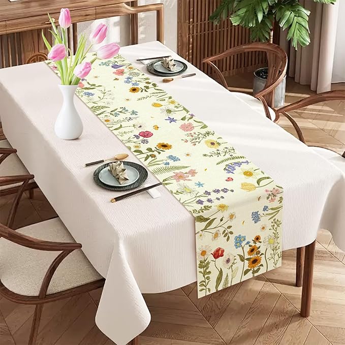 Summer Flower and Leaf Table Runner Seasonal Holiday Anniversary Indoor Outdoor Home Kitchen Table Party Decor (Colorful Flowers 4, 13×72 Inches)