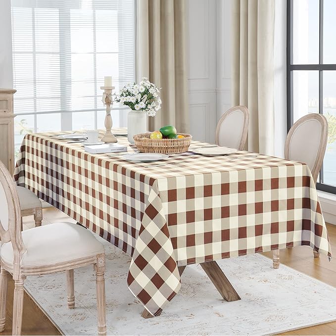 Softalker Gingham Checkered Tablecloth Rectangle - Outdoor Waterproof Buffalo Plaid Table Cloth, Stain Resistant Washable Table Cover for Picnic, Camping, Dining - Coffee and White, 60 x 102 Inch