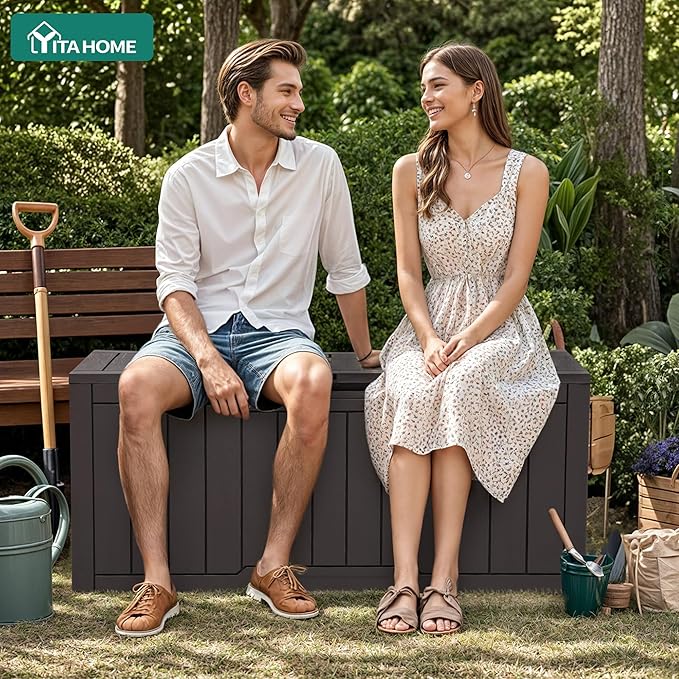 YITAHOME 100 Gallon Outdoor Storage Box, Large Water Resistant Resin Deck Box, Indoor Outdoor Lockable Storage Container for Patio, Garden, Cushions, Tools, Equipment (Dark Brown)